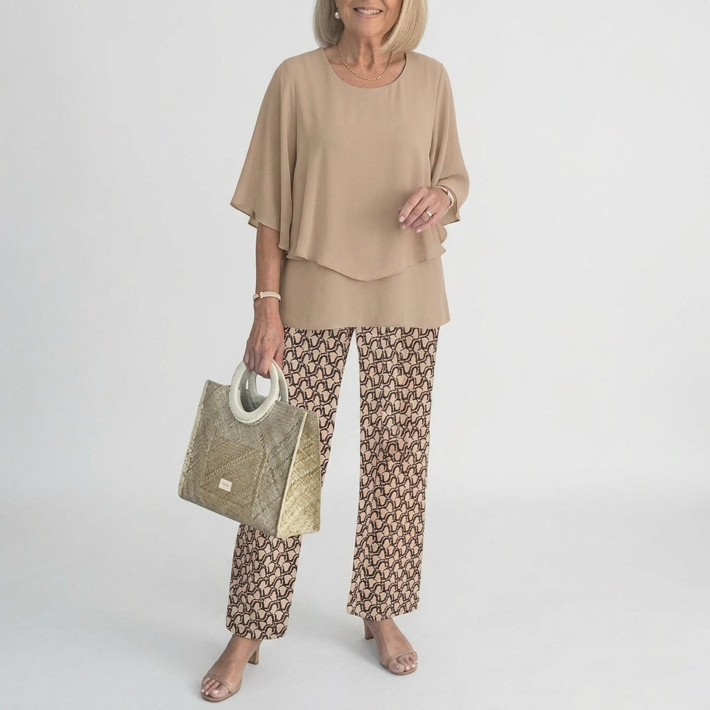 Women's Matching Two-Piece Set with Layered Flutter Top and Wide-Leg Pants