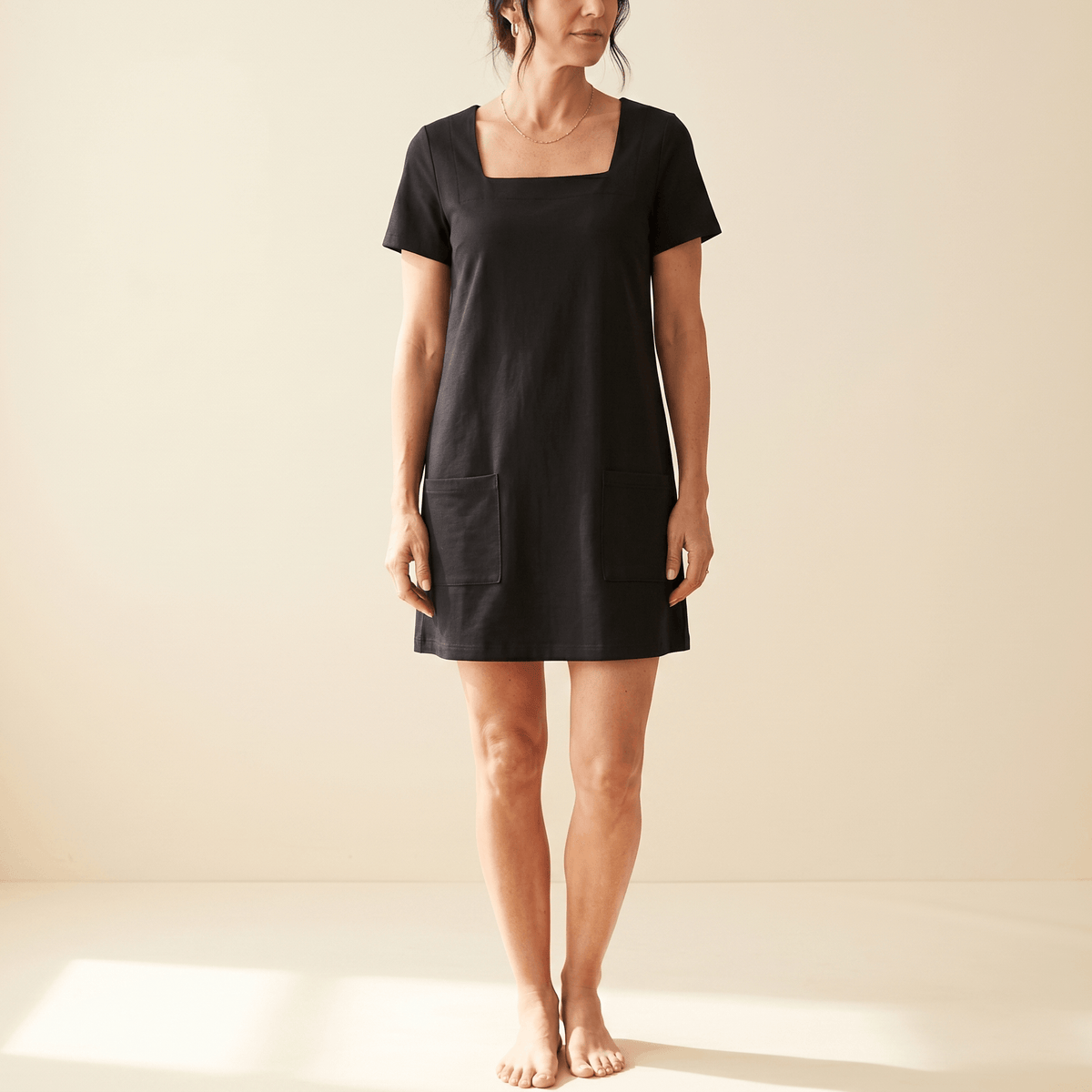 Square-Neck Cotton Blend Women's Midi Dress with Side Pockets