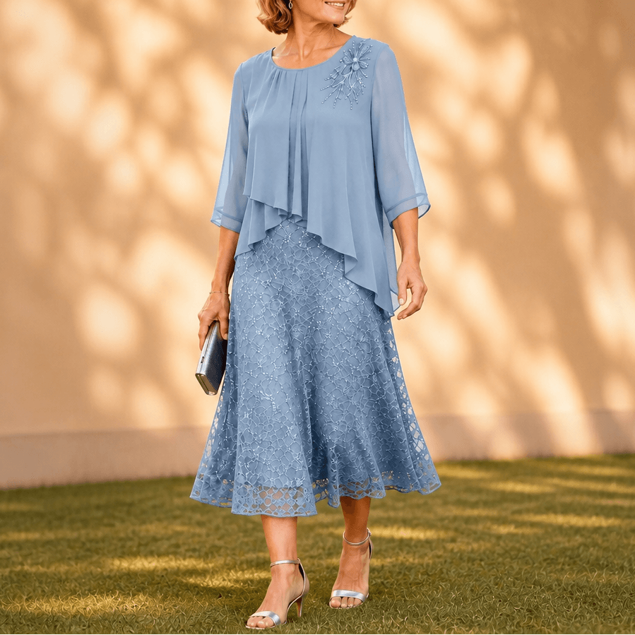 Elavine Layered Chiffon Lace Overlay Women's Midi Dress with Sheer Sleeves