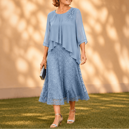 Elavine Layered Chiffon Lace Overlay Women's Midi Dress with Sheer Sleeves