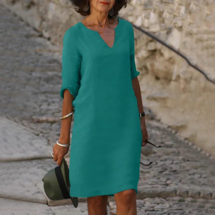 Women's V-Neck Half-Sleeve Polyester Midi Dress