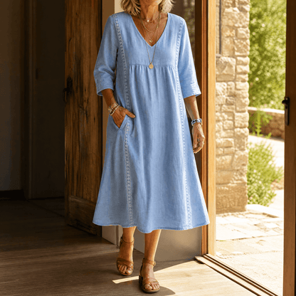 Women's Relaxed Linen-Cotton Summer Midi Dress with Lace Trim and Pockets