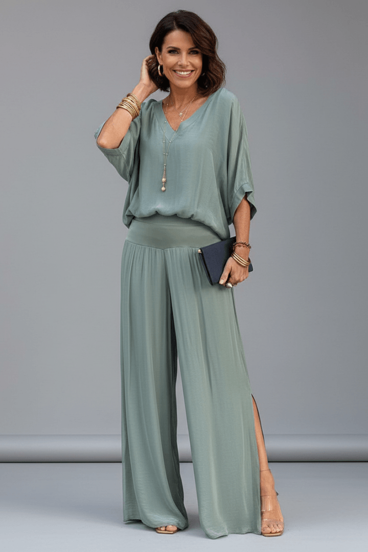 Women's Matching Two Piece Set with Dolman Sleeve Top and Wide-Leg Pants