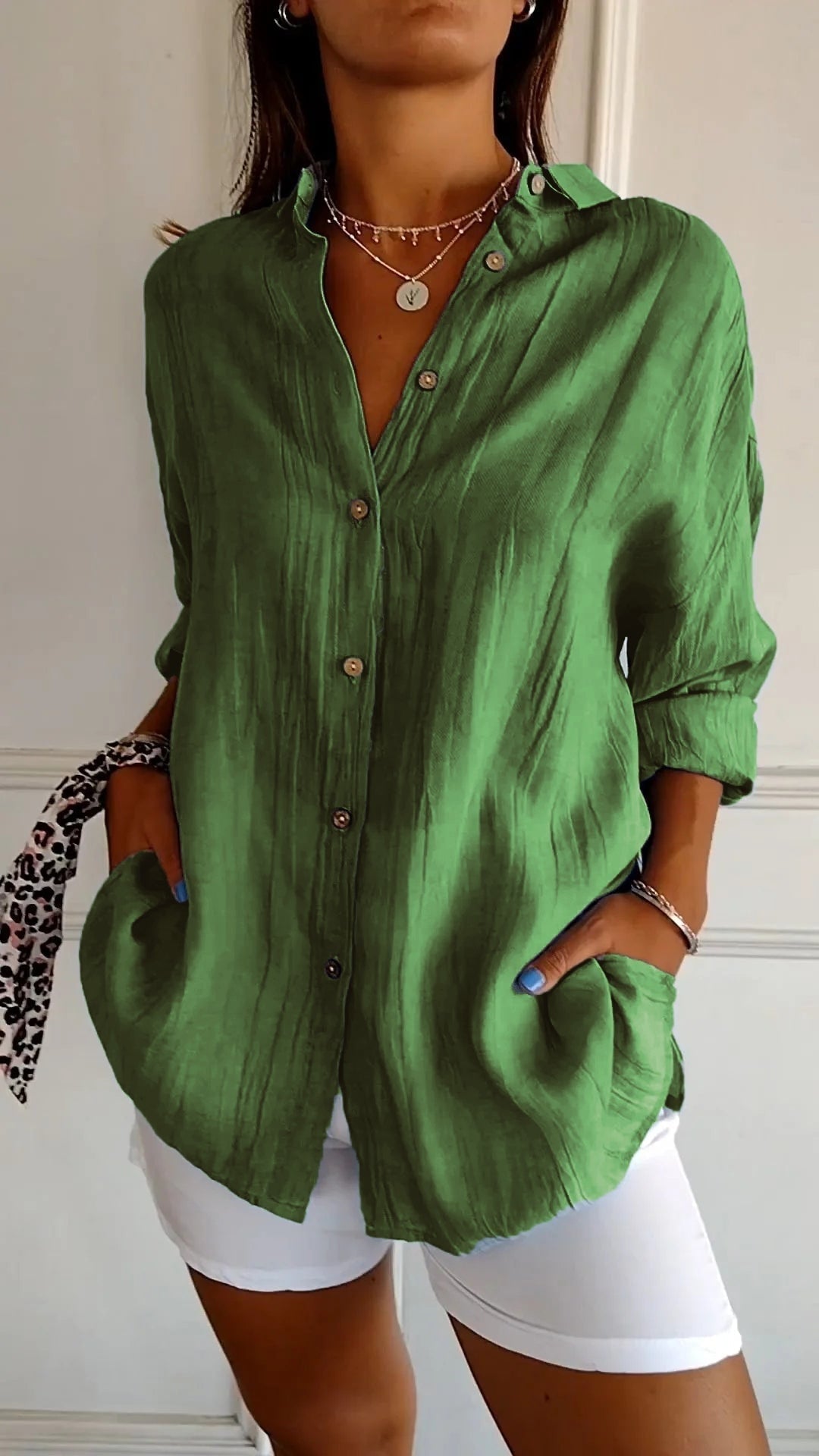 Sasha Pleated Cotton Blend Long-Sleeve Blouse for Women with Button-Up Front
