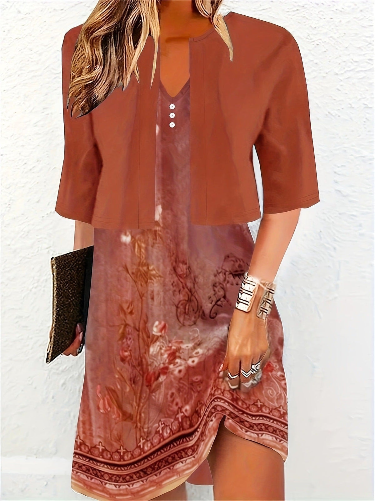Floral Print V-Neck Women's Midi Dress with Cropped Jacket Two-Piece Set