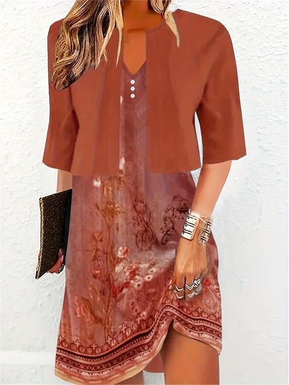 Floral Print V-Neck Women's Midi Dress with Cropped Jacket Two-Piece Set