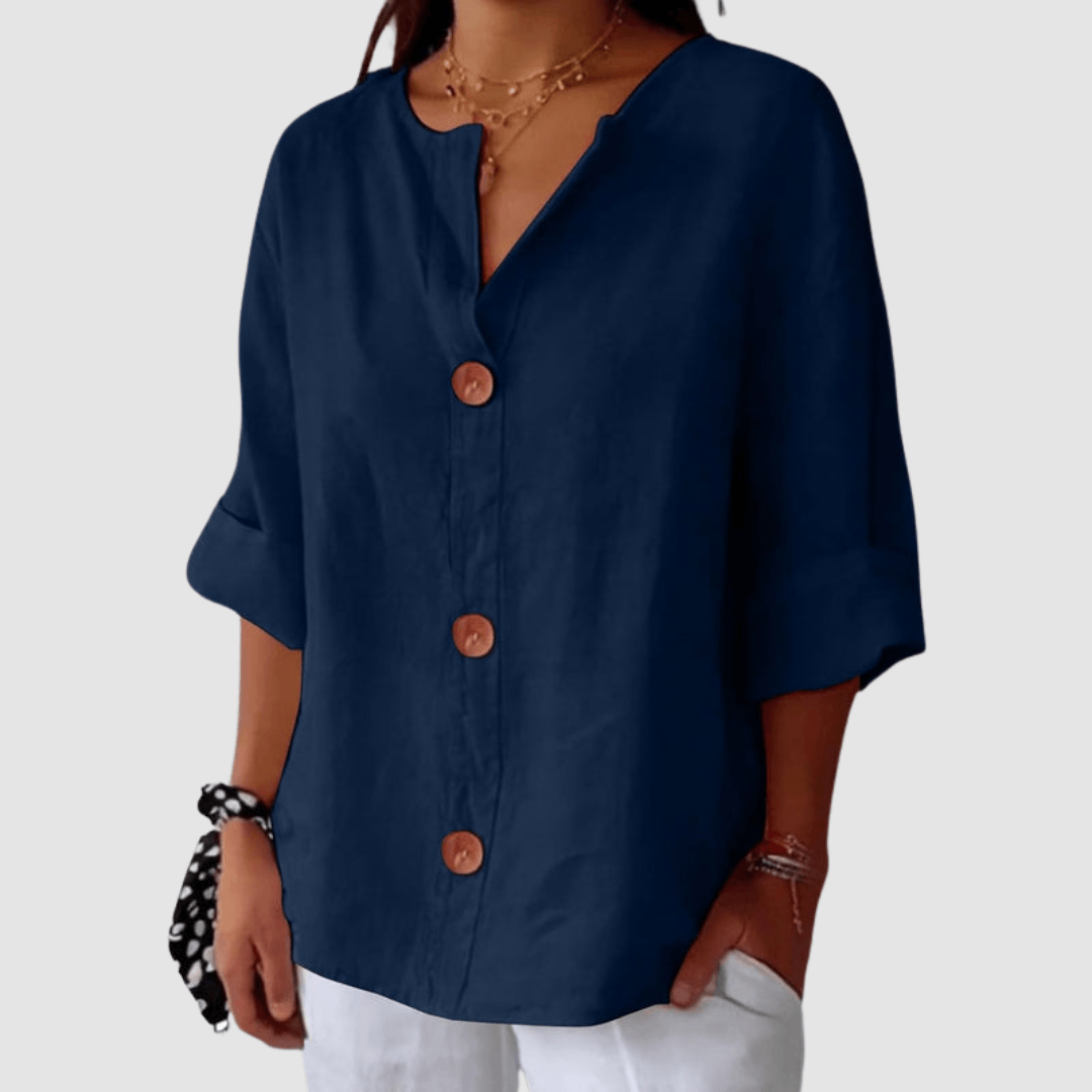 Leah Casual Linen Blouse with V-Neck Button Front and Rolled Sleeves