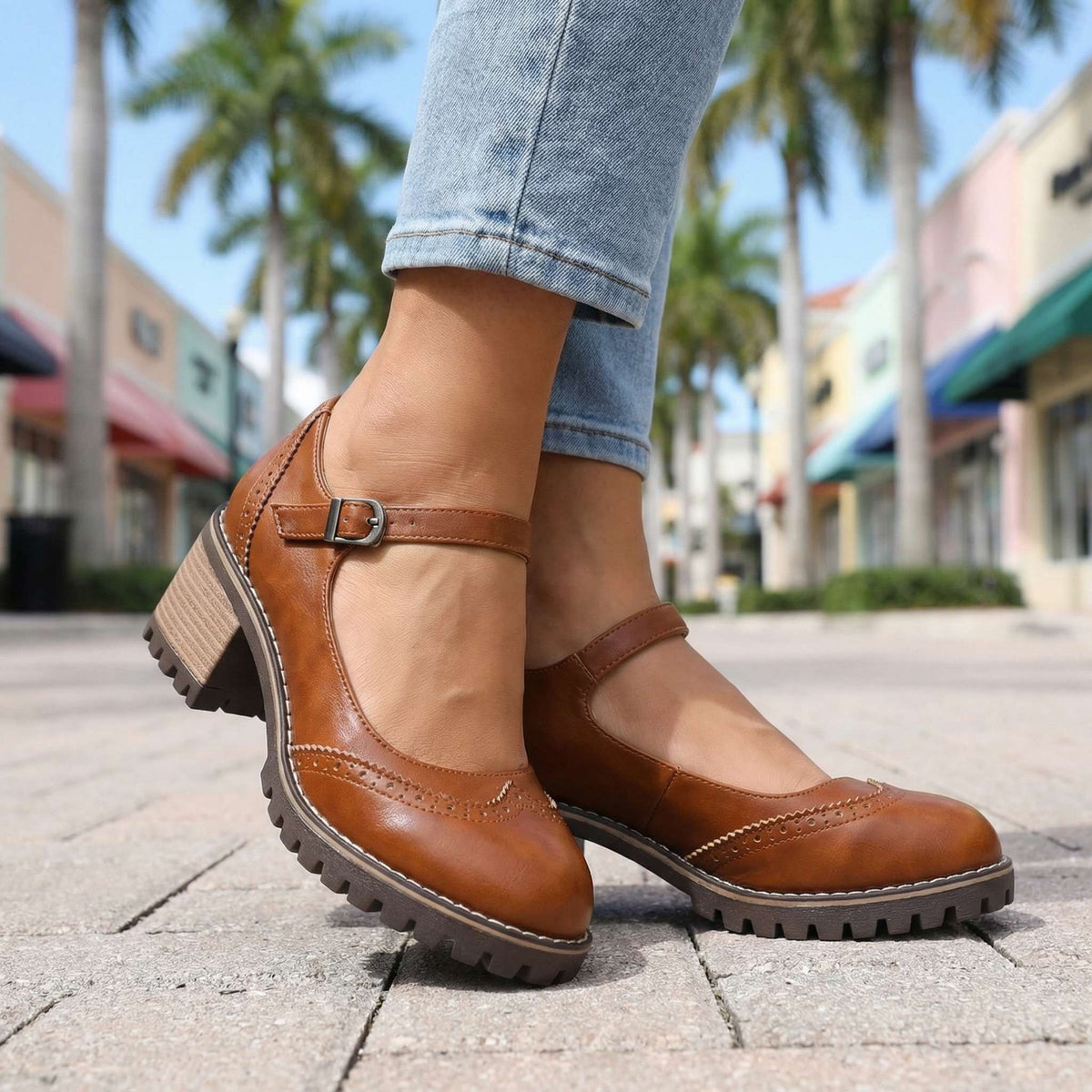Comfortable Brogue Mary Jane Shoes with Block Heel and Buckle Strap