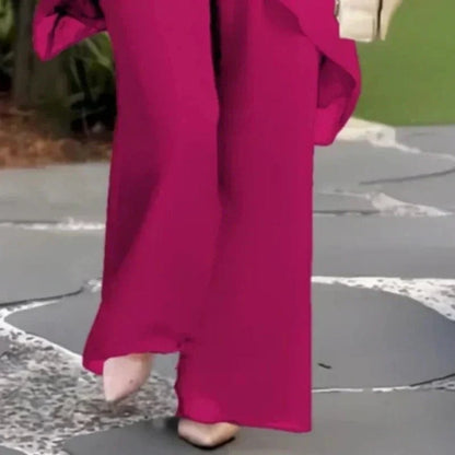 Women's Flowy Two-Piece Wide-Leg Pant Set with Draped Cape Top