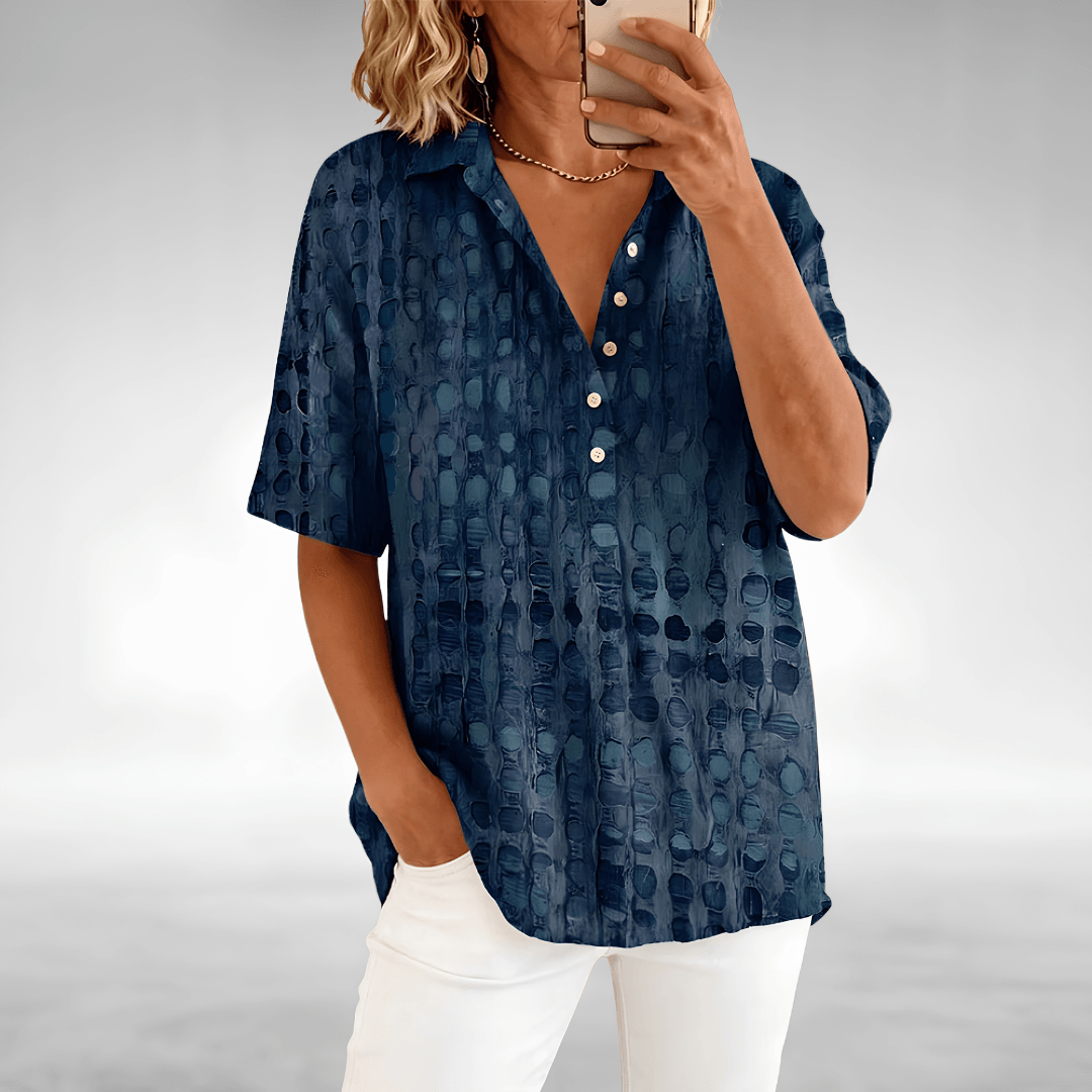 Loose Fit Linen Blend Summer Top with Abstract Dot Print and Short Sleeves