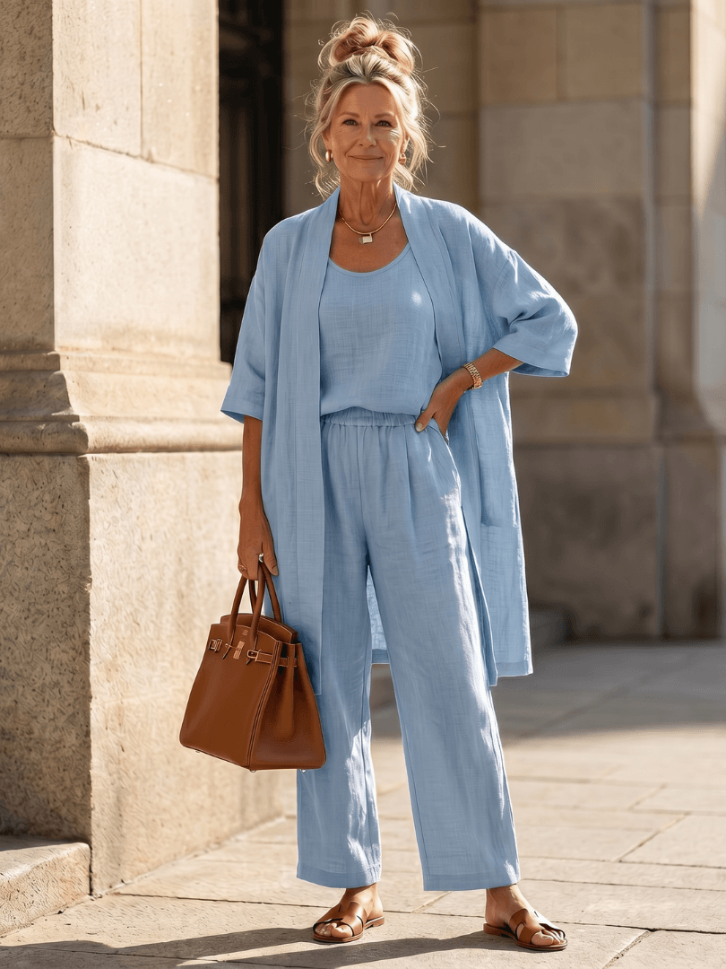 Linen Wide-Leg Pant and Duster Jacket Women's Two-Piece Co-Ord Set