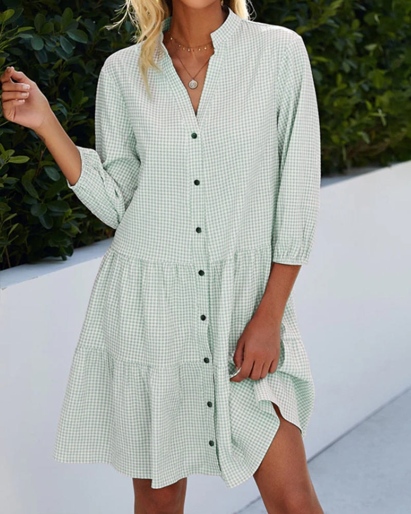 Cressida Checkered Tiered Summer Dress with Button Details