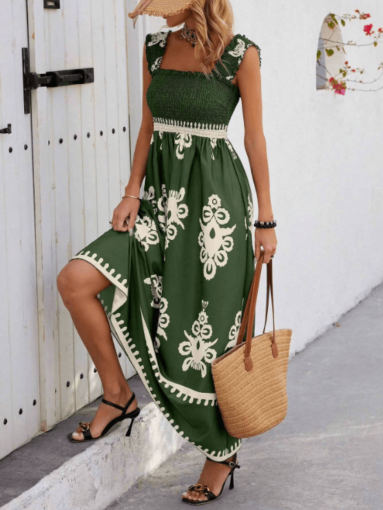Hope Floral Smocked Square-Neck Sleeveless Women's Summer A-Line Maxi Dress