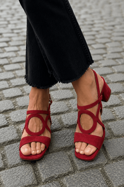 Women's Cushioned Suede Block Heel Sandals with Round Cutout Detail