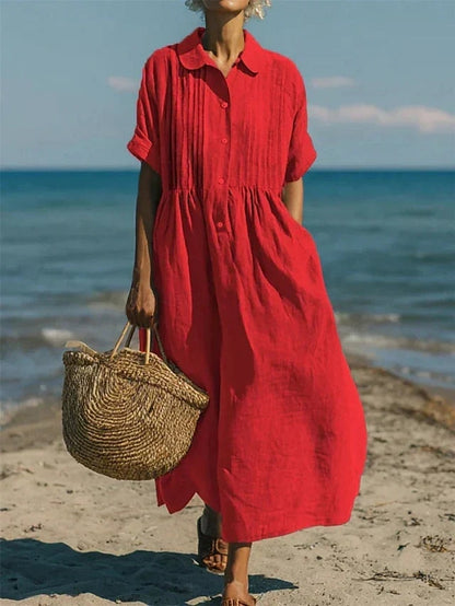 Harper Sutton Pintuck Linen Collared Midi Shirt Dress for Women