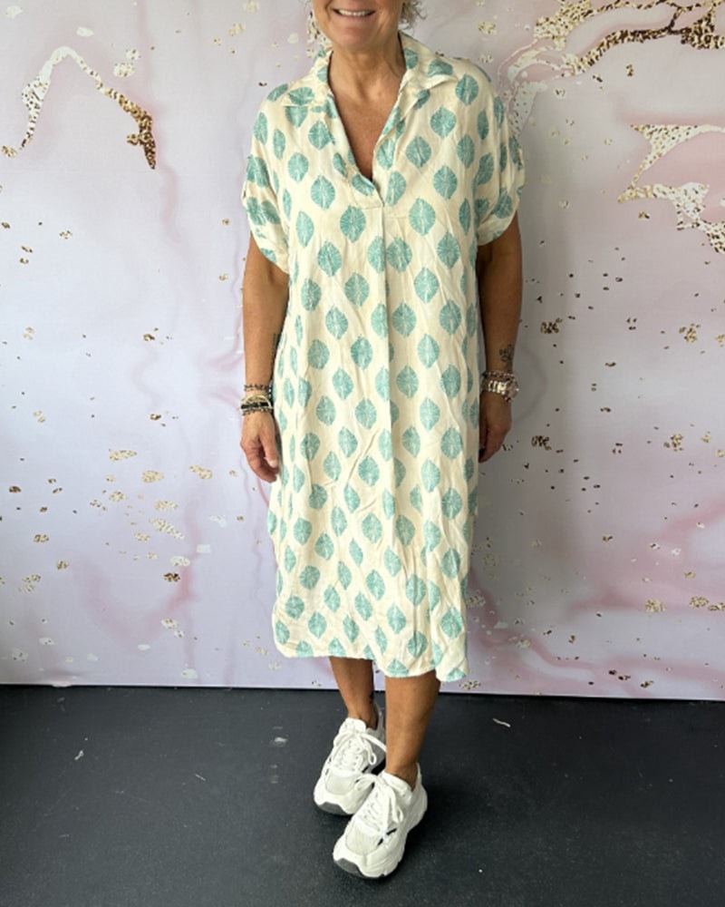 Eleanora Loose Printed Short-Sleeve Midi Shirt Dress with Lapel Collar
