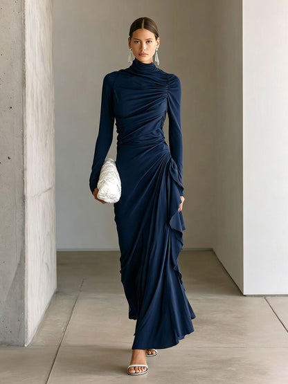 Imogen Wright High-Neck Ruched Jersey Maxi Christmas Dress with Draped Detail