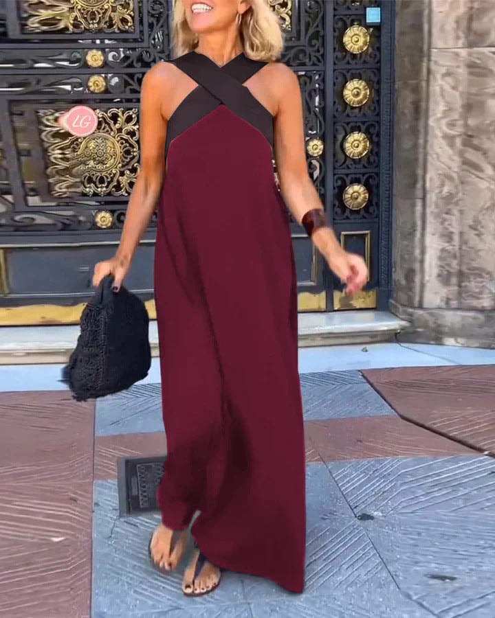 Sleeveless Crossover Halter Linen Summer Maxi Dress with Flowing Skirt