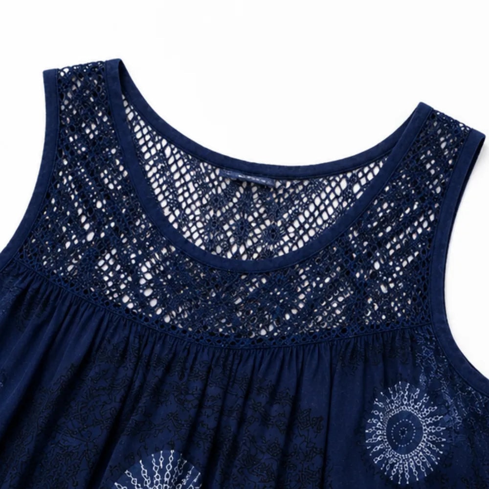 Women's Sleeveless Lace-Yoke A-Line Sundress with Sunburst Print