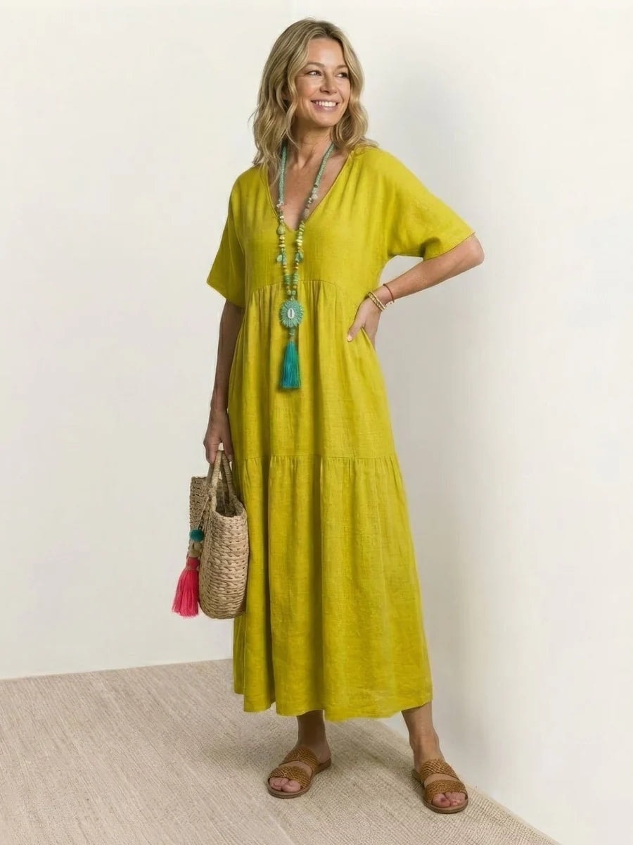 Women's Tiered Ruffle V-Neck Midi Dress with Short Sleeves in Polyester