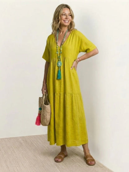 Women's Tiered Ruffle V-Neck Midi Dress with Short Sleeves in Polyester