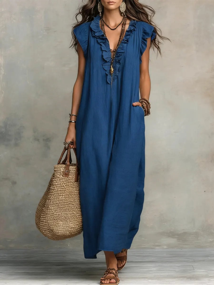 Caldora Maxi Dress in Summer Linen with Ruffle V-Neck and Side Pockets