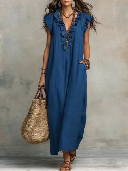 Caldora Maxi Dress in Summer Linen with Ruffle V-Neck and Side Pockets
