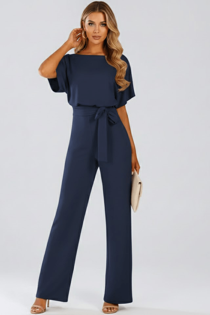 Women's Wide-Leg Linen Jumpsuit with Tie Waist and Belt Detail