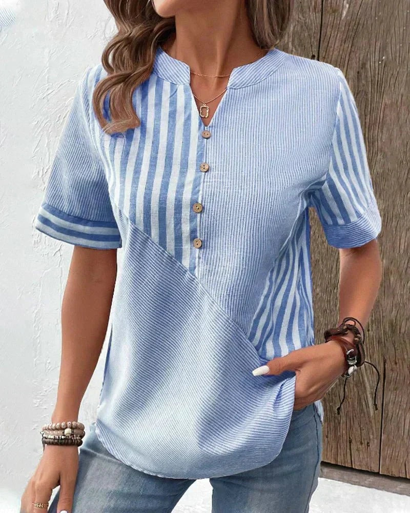 Women's Striped Button-Front Top with Short Sleeves