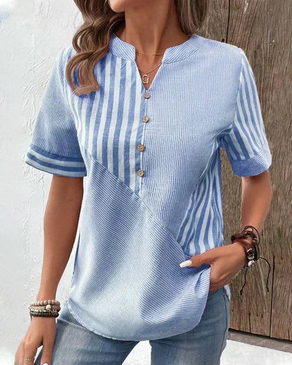 Women's Striped Button-Front Top with Short Sleeves