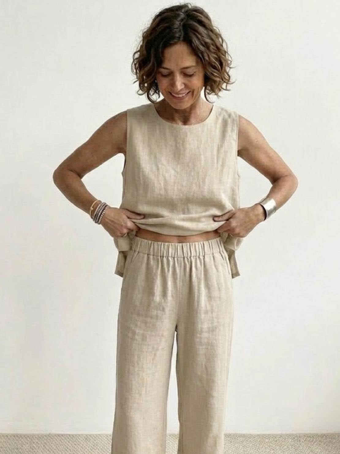 Sage Matching Linen Sleeveless Top and Wide-Leg Pants Two-Piece Set