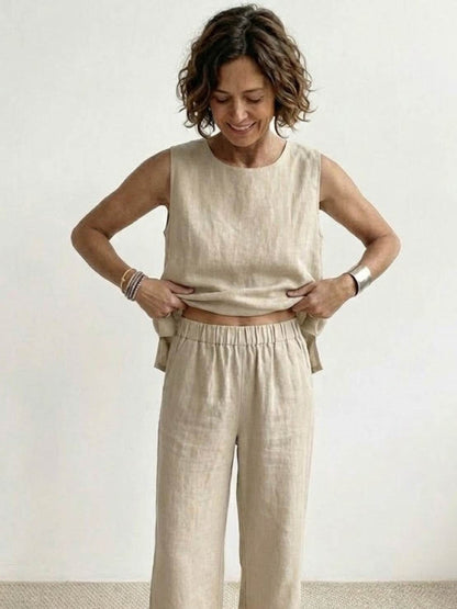 Sage Matching Linen Sleeveless Top and Wide-Leg Pants Two-Piece Set