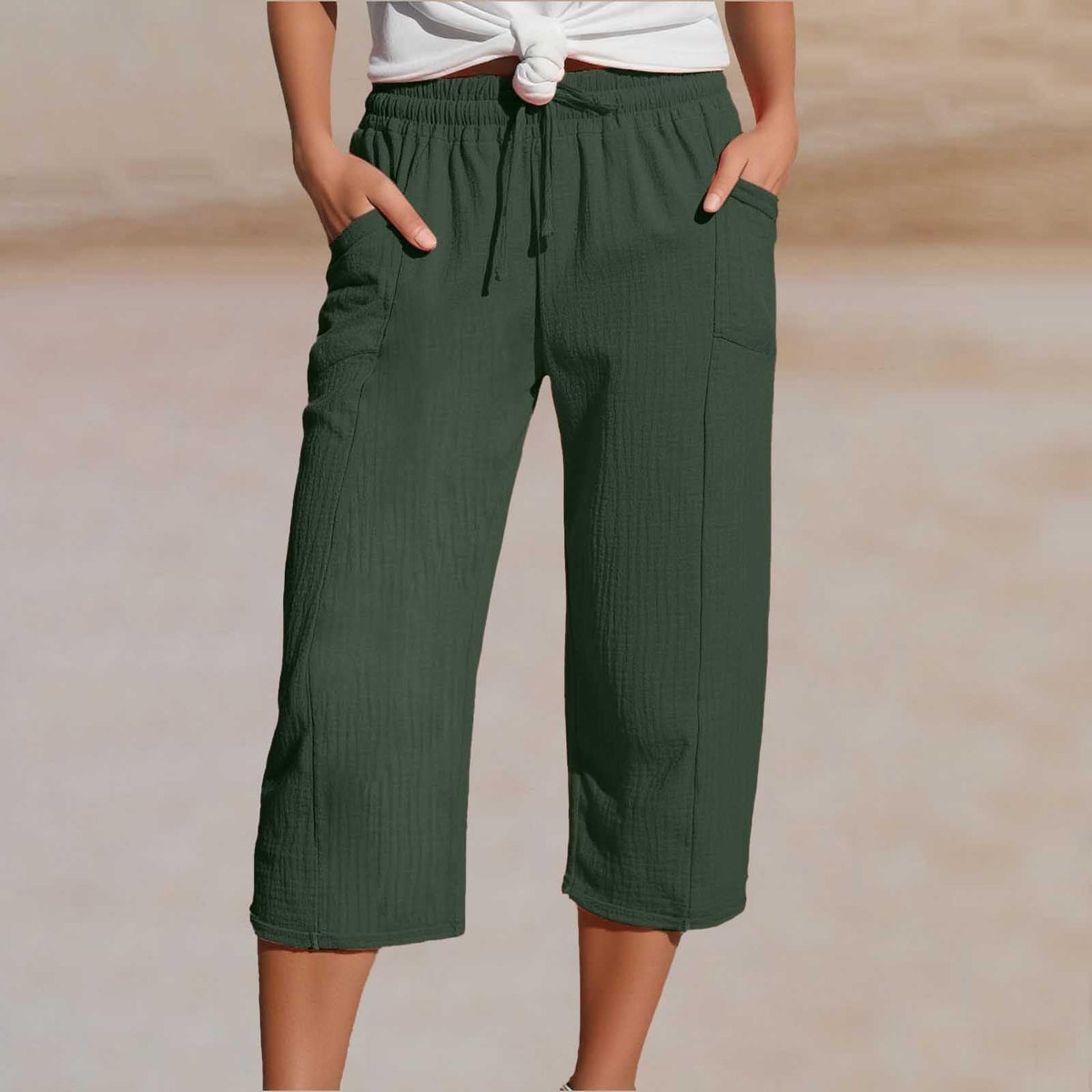 Women's Cotton Linen Cropped Wide-Leg Pants with Drawstring Waist