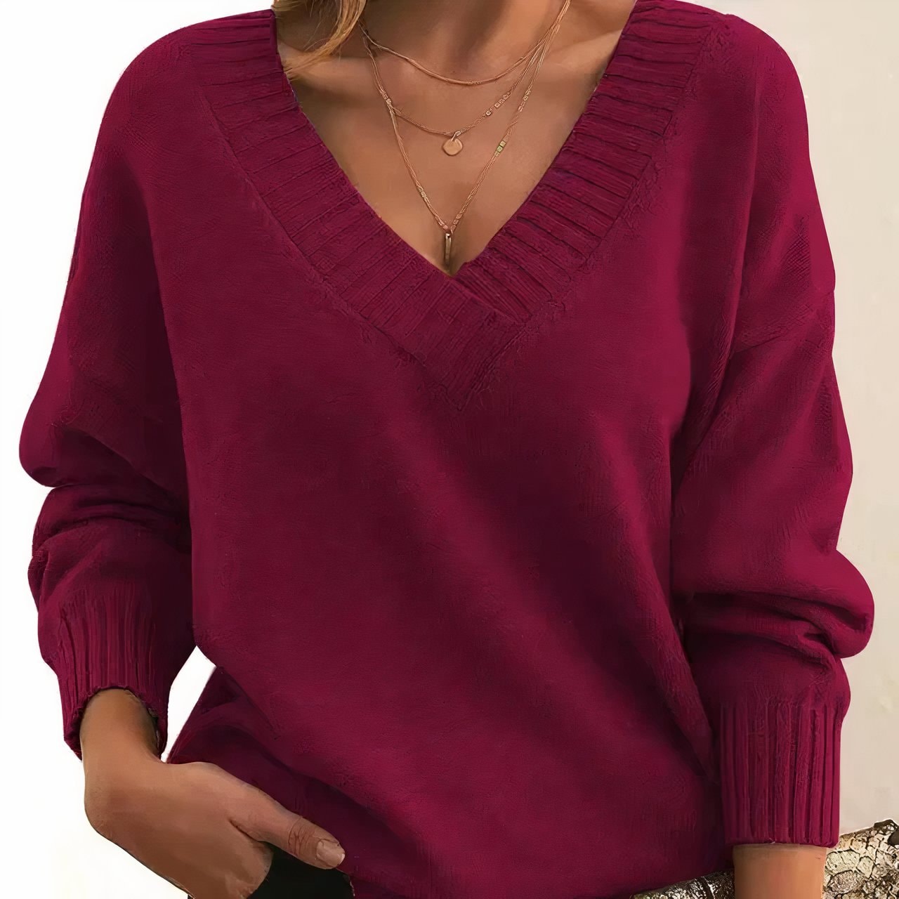 Mercy V-Neck Relaxed Fit Knit Sweater with Ribbed Cuffs