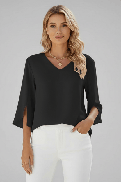 V-Neck Blouse with Three-Quarter Split Sleeves and Curved Hem