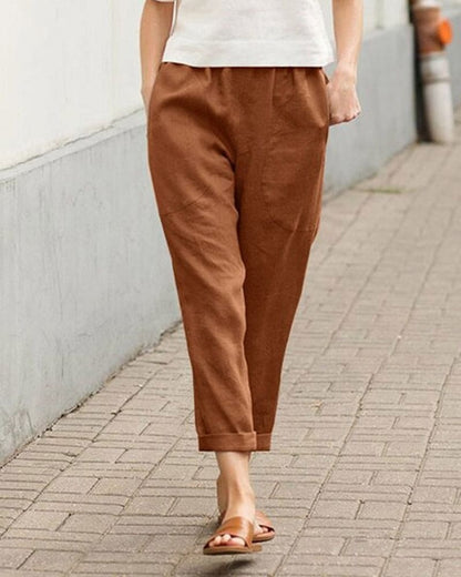 Sage Relaxed Cropped Pants with Elastic Waist and Cuffed Hem