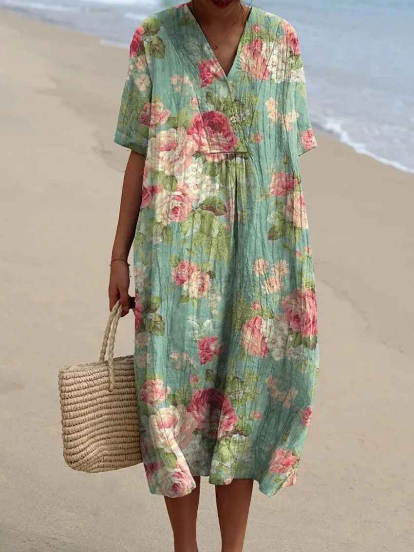 Eleanor Floral Embroidered V-Neck Cotton Blend Women's Midi Dress