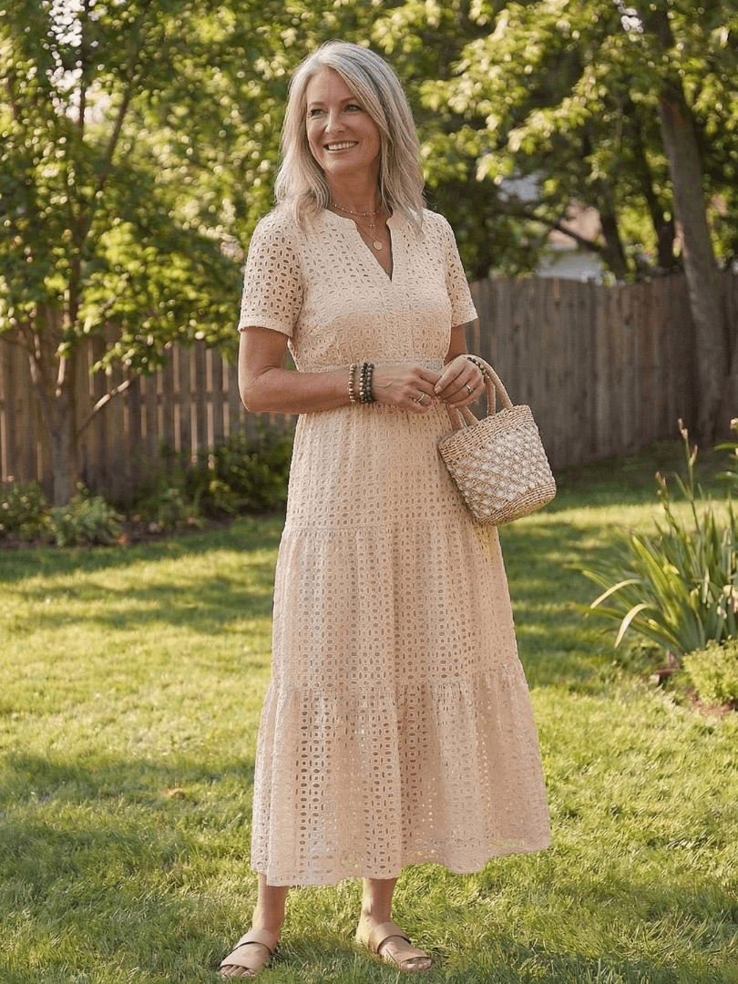 Women's Short-Sleeve Eyelet Midi Dress with Tiered Skirt and Split Neckline