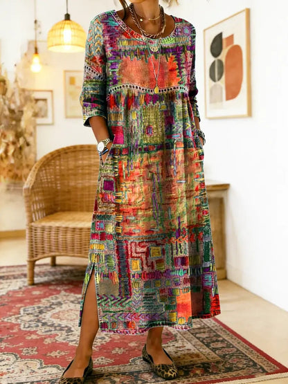 Manuela Ethnic Patchwork Three-Quarter Sleeve Cotton Blend Midi Dress for Women