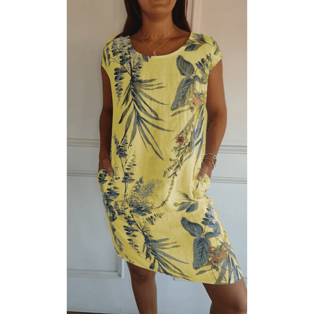 Women's Floral Print Round-Neck Midi Dress with Pockets