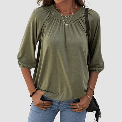 Women's Loose-Fit Shirred Neck Top with Balloon Sleeves