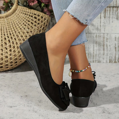 Maisie Faux Suede Slip-On Wedge Ballet Flats with Bow and Rounded Toe