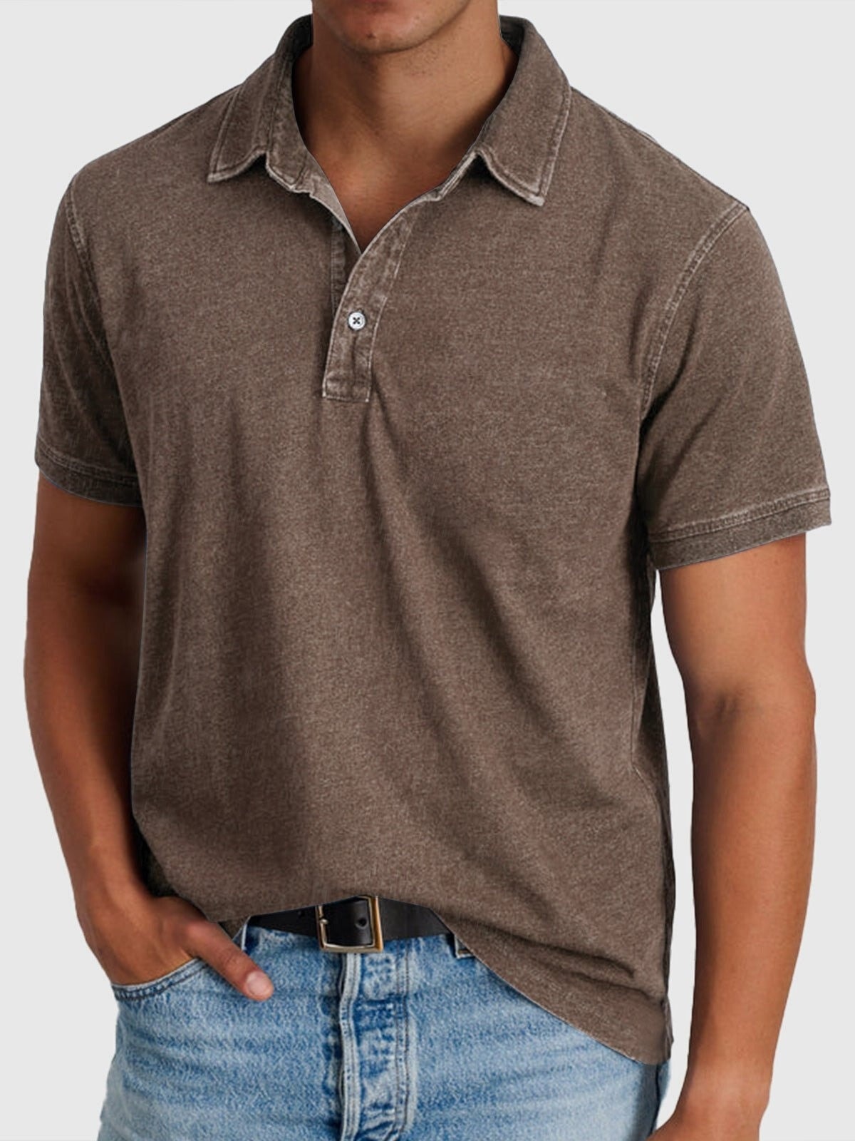 Men's Short-Sleeve Denim-Wash Cotton Polo Shirt