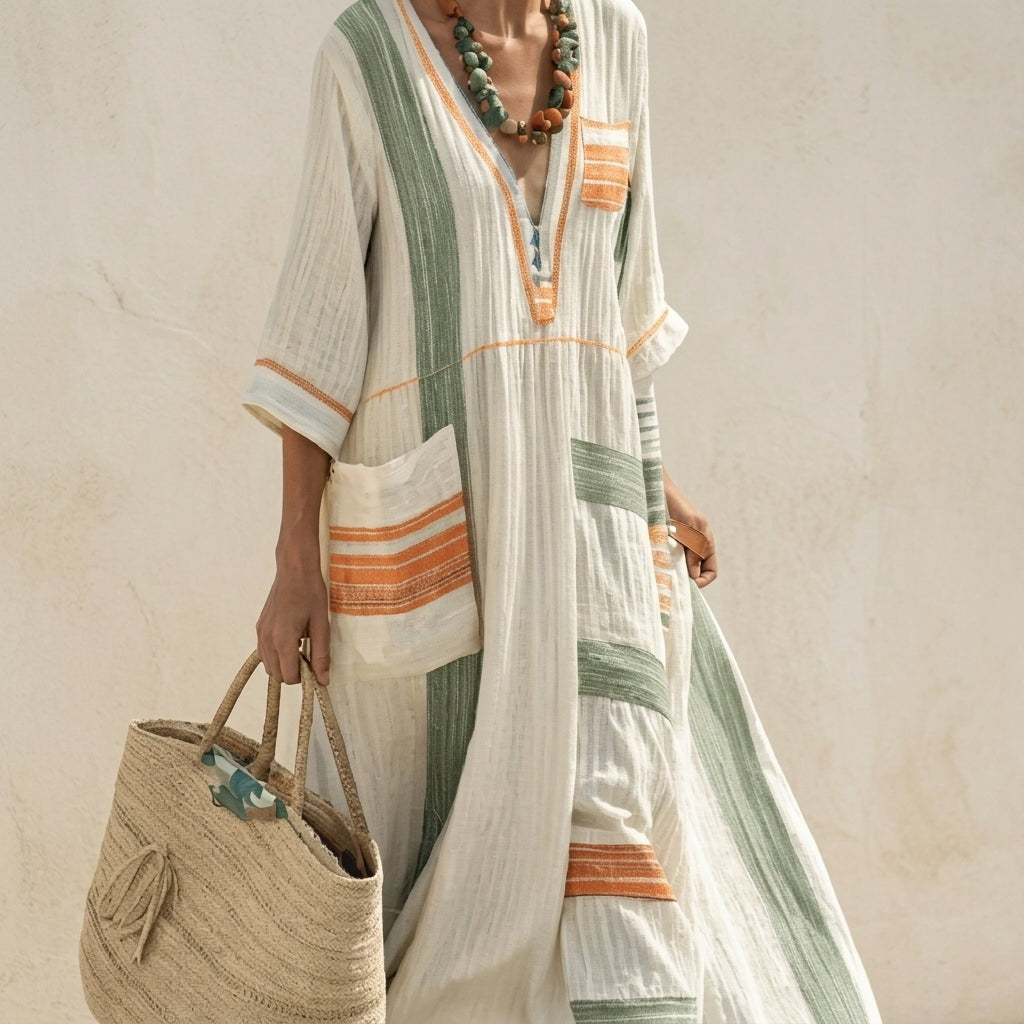 Calveth Relaxed Striped Linen Summer Maxi Dress with Patch Pockets