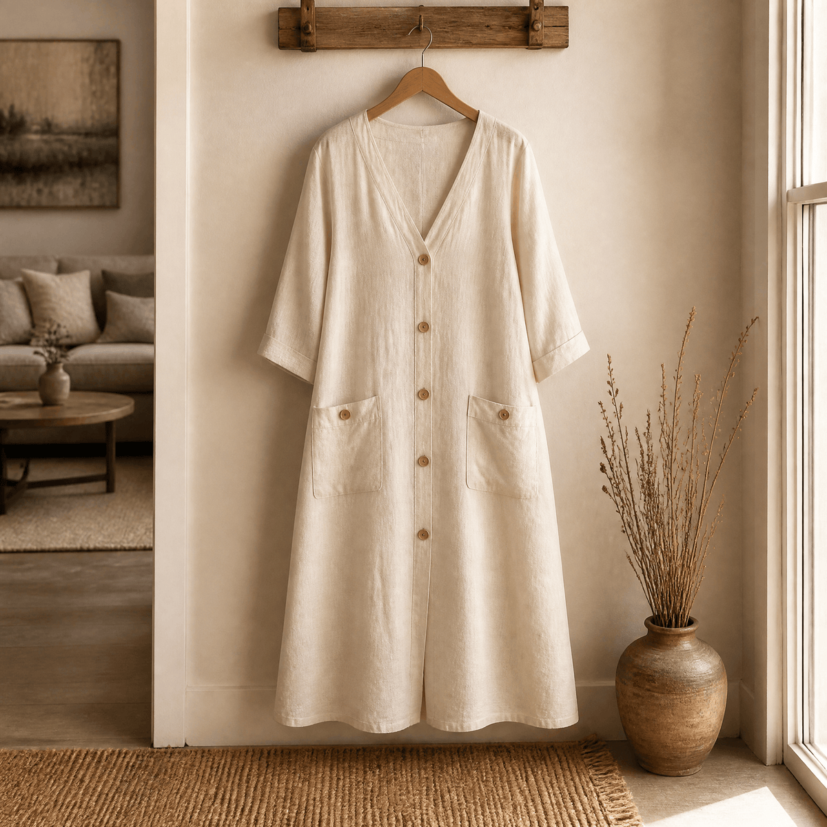 Button-Front V-Neck Midi Dress with Patch Pockets for Women