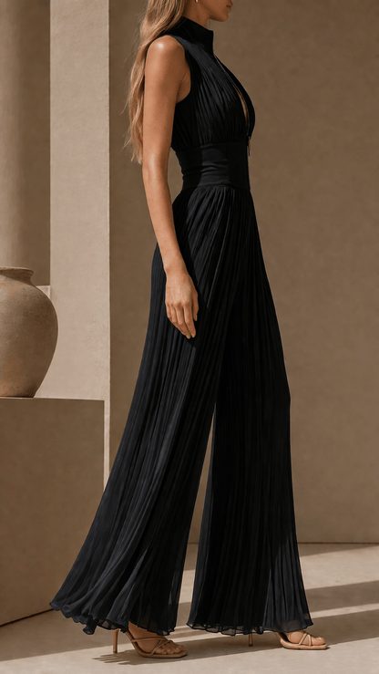 Women's Sleeveless Pleated Wide-Leg Linen Jumpsuit with Zip Front