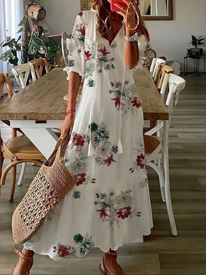Joanne Tassel-Tie Ikat Print Cotton Blend Women's Midi Dress with Tummy Coverage
