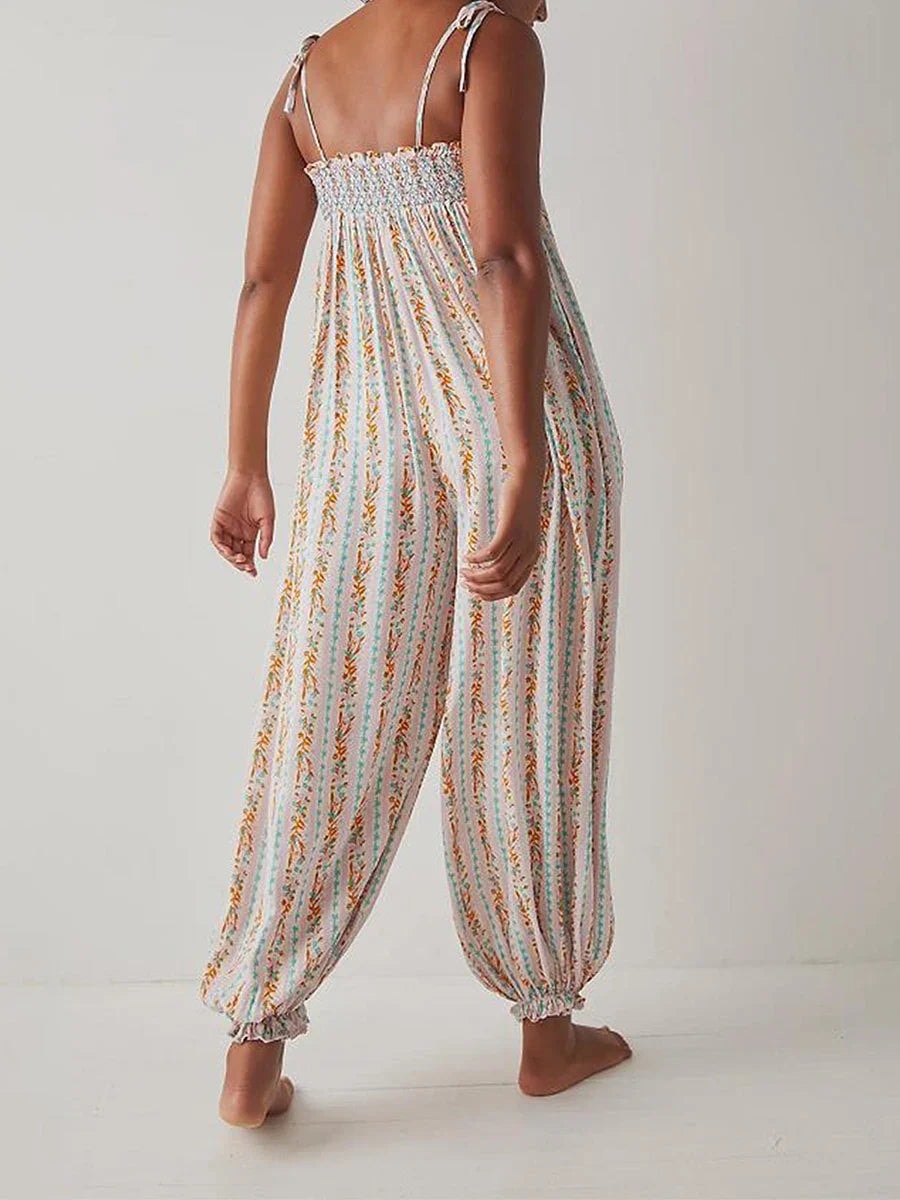 Women's Boho Harem Linen Jumpsuit with Tie-Shoulder Straps