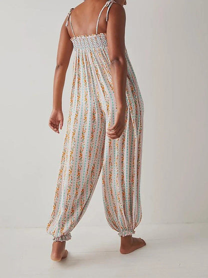 Women's Boho Harem Linen Jumpsuit with Tie-Shoulder Straps