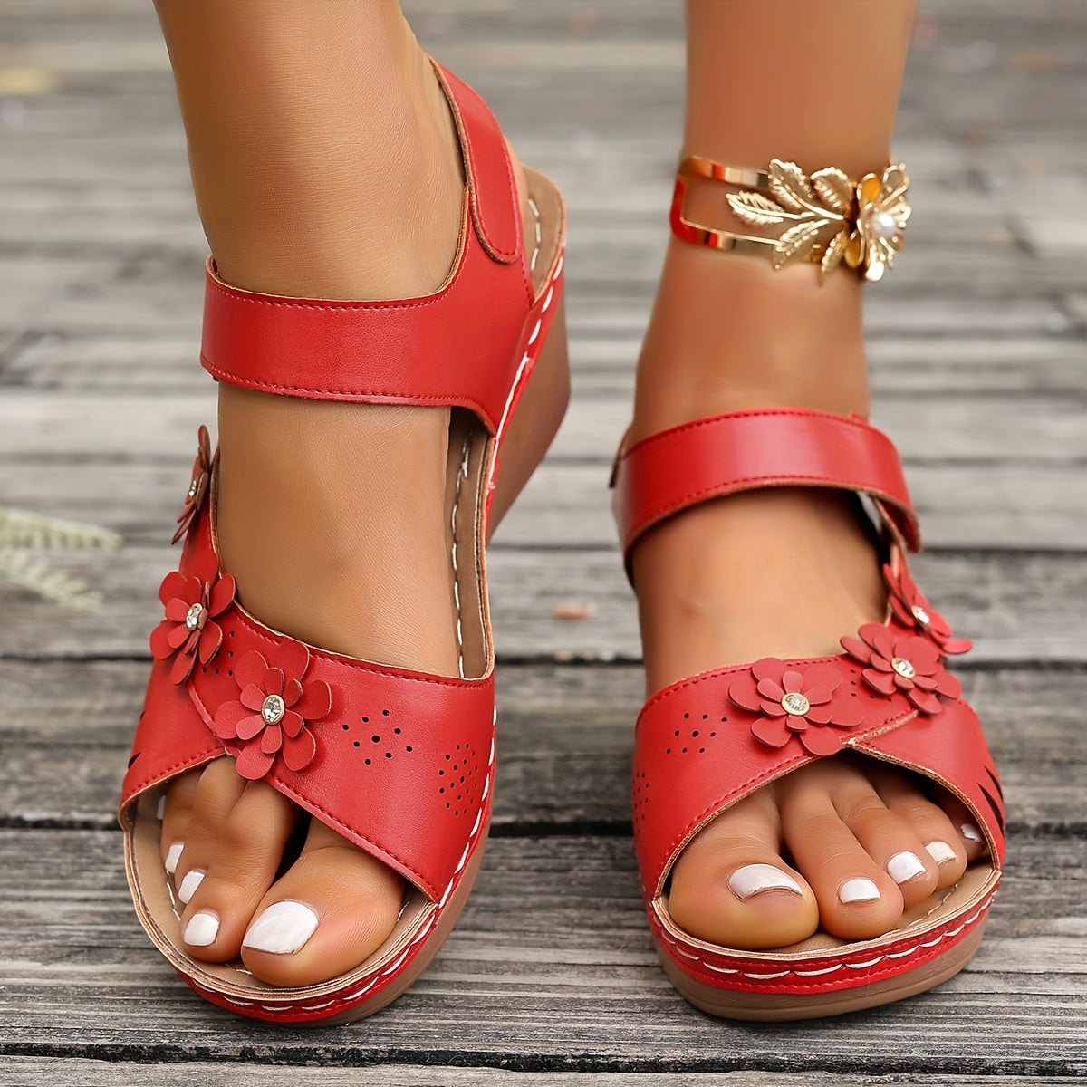 Elise Sheridan | Floral Wedge Sandals with Cushioned Footbed